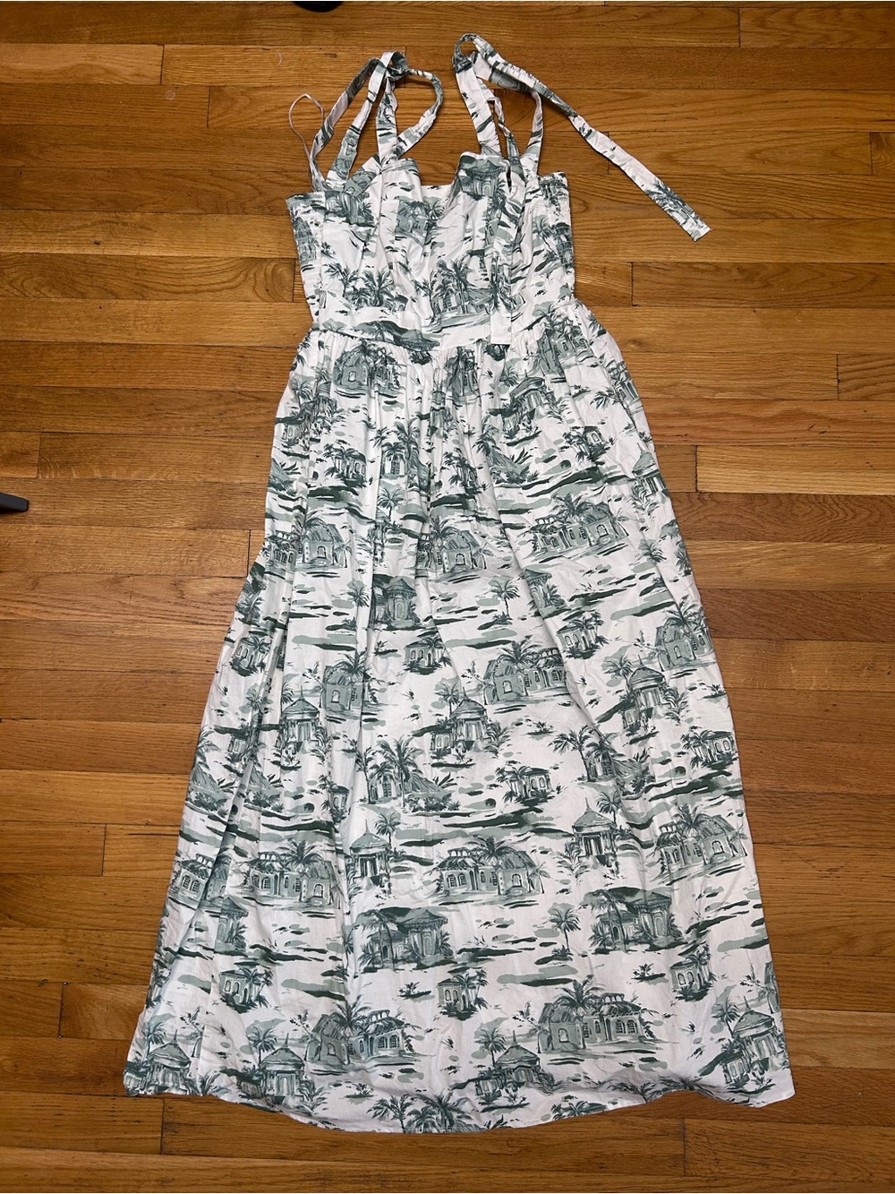 Rachel Zoe White Maxi Dress with Green Toile Print and Tie Straps